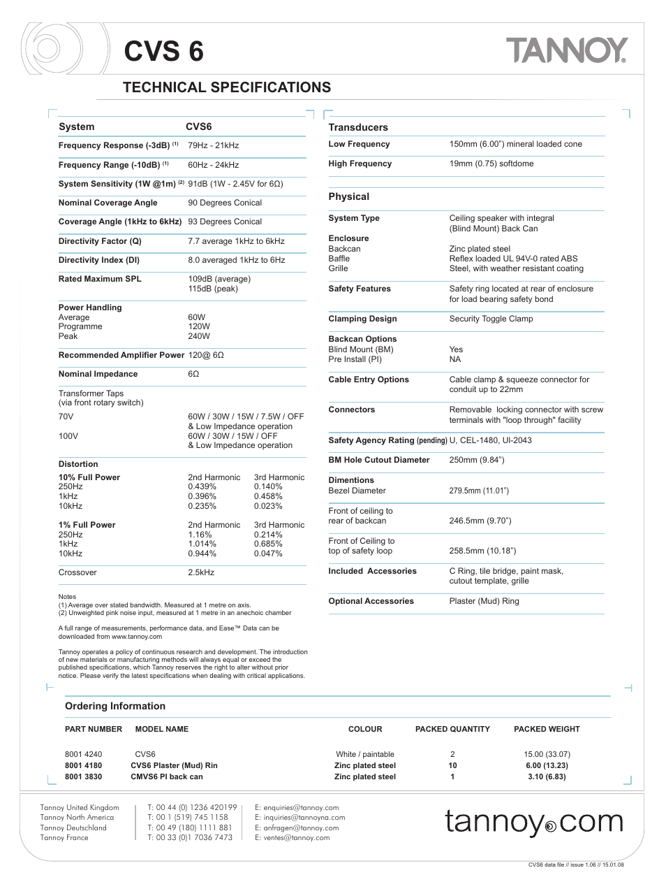 Cvs 6, Technical specifications | Tannoy CVS6 User Manual | Page 2 / 8