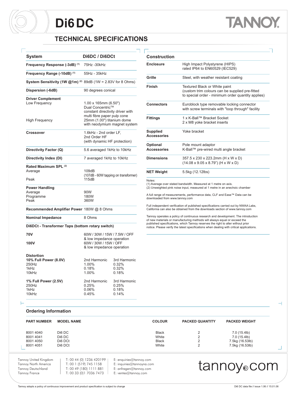 Di6dc, Technical specifications | Tannoy Di6 DC User Manual | Page 2 / 12