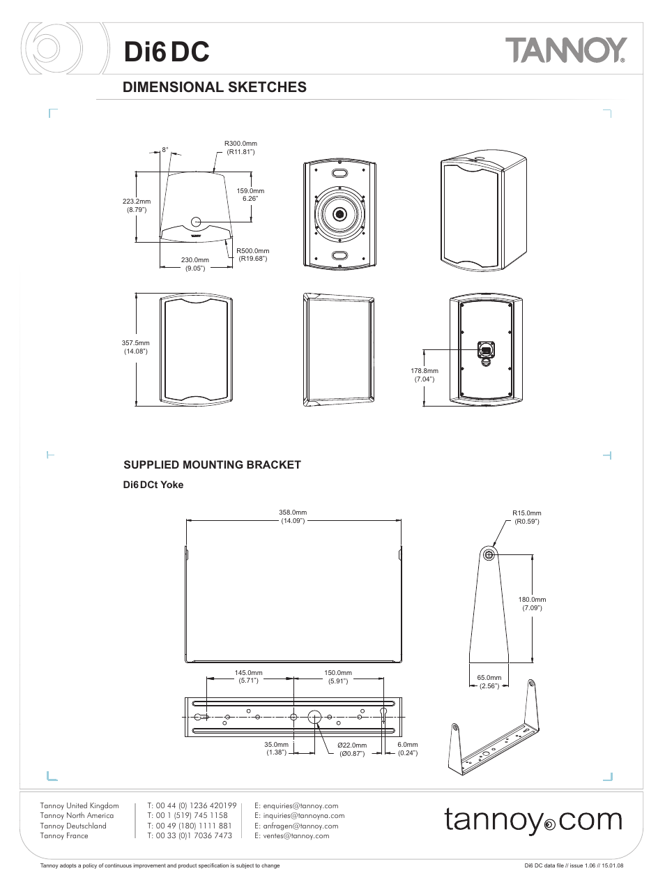 Di6dc, Di6 yoke, Dimensional sketches | Supplied mounting bracket, Di6dct yoke | Tannoy Di6 DC User Manual | Page 7 / 12