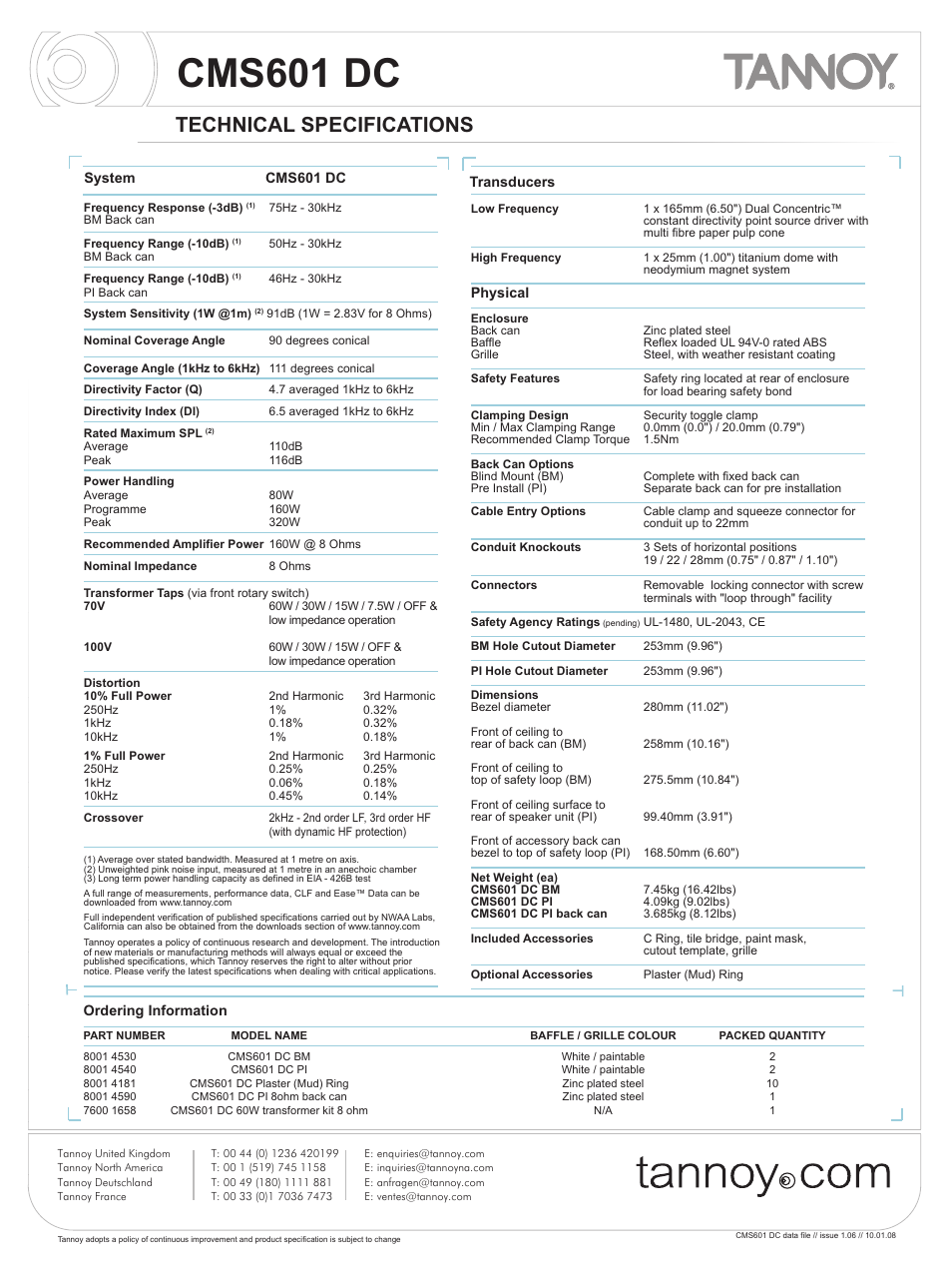 Cms601 dc, Technical specifications | Tannoy CMS601 DC User Manual | Page 2 / 9