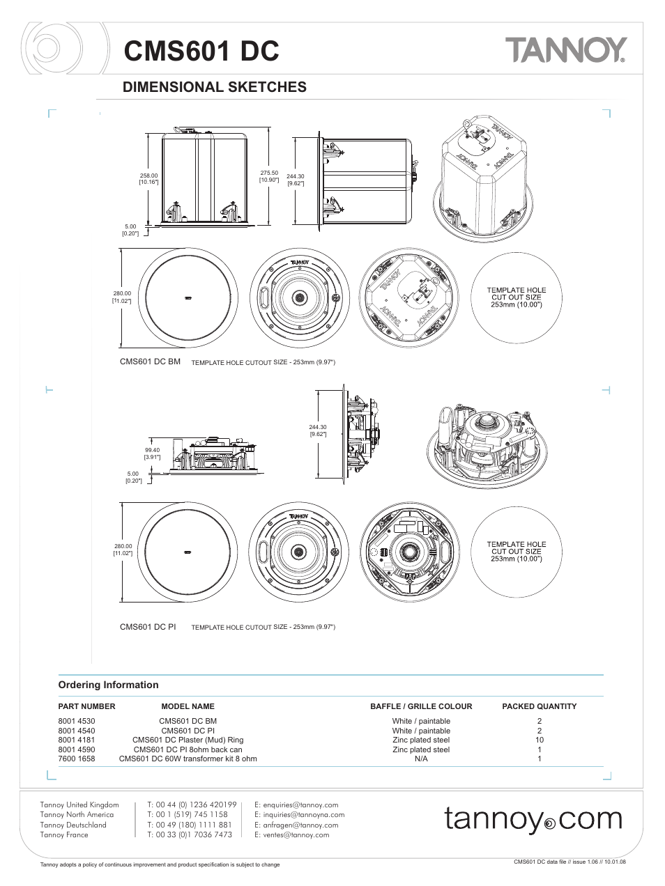 Cms601 dc, Dimensional sketches, Ordering information | Tannoy CMS601 DC User Manual | Page 5 / 9