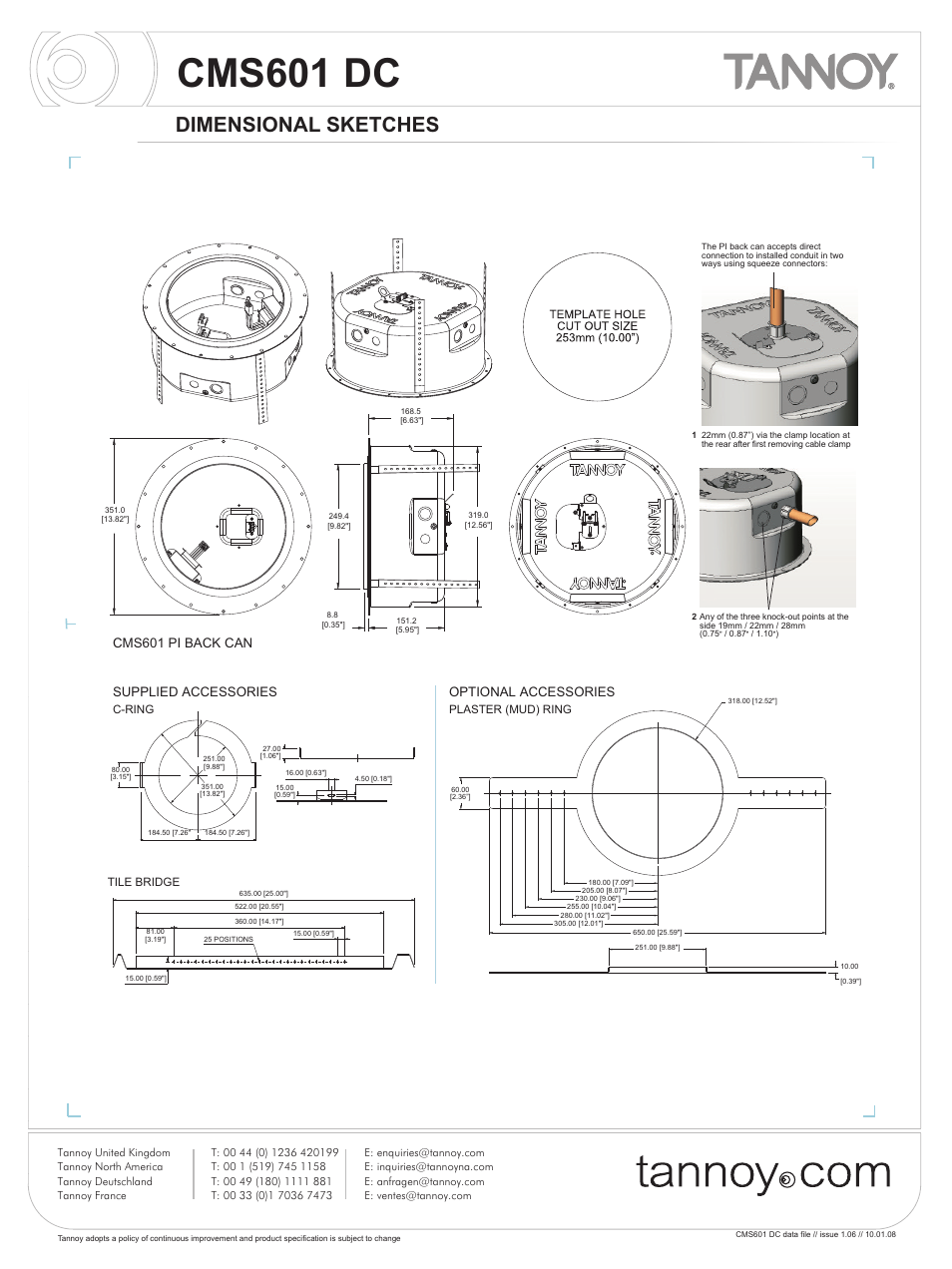 Cms601 dc, Dimensional sketches, Cms601 pi back can | Optional accessories, Supplied accessories | Tannoy CMS601 DC User Manual | Page 6 / 9