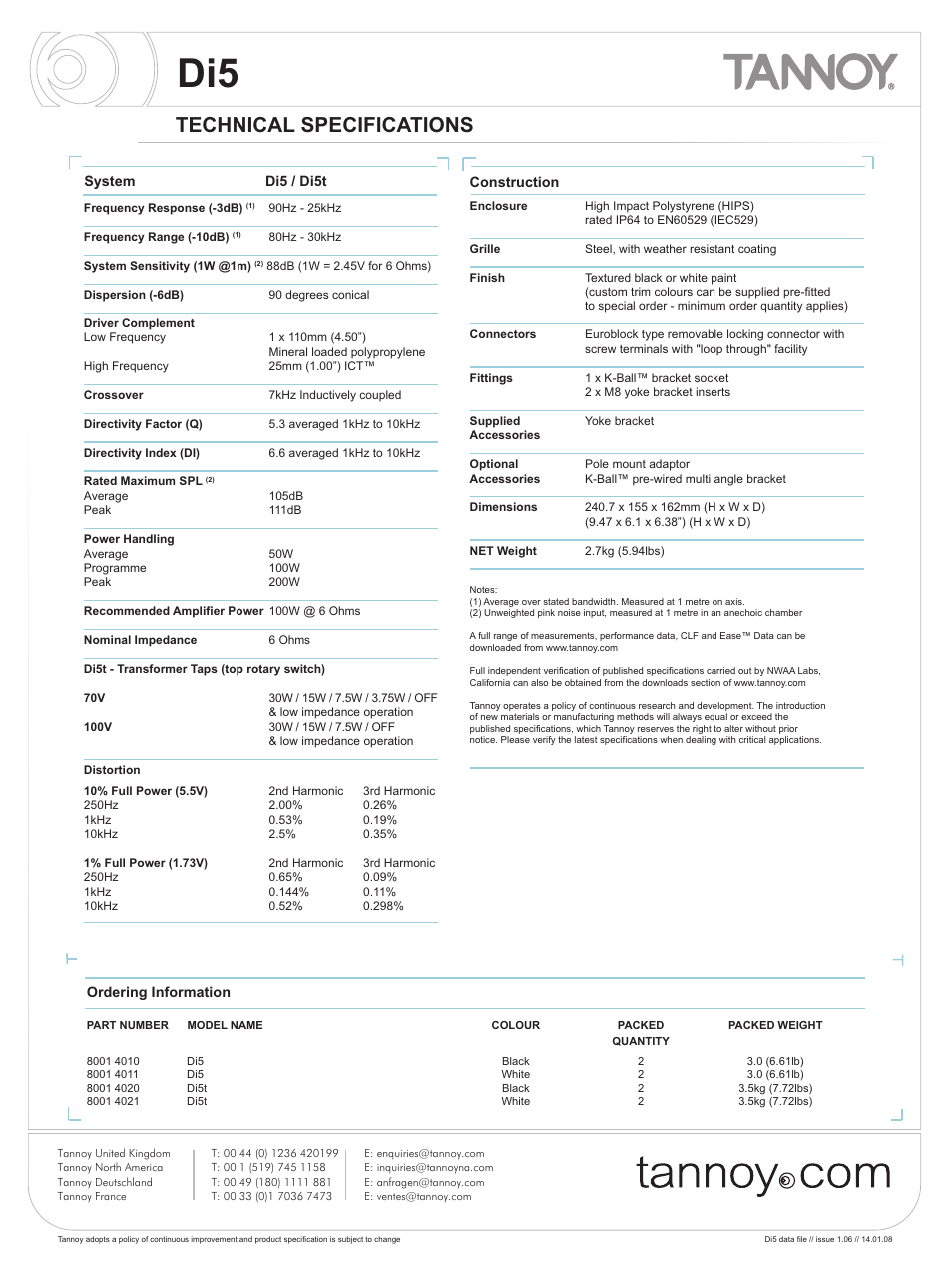 Technical specifications | Tannoy Di5 User Manual | Page 2 / 12
