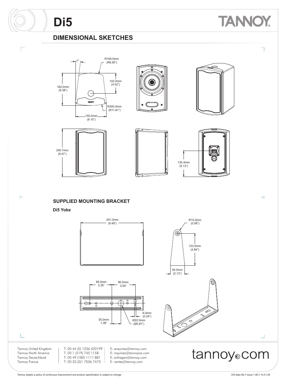 Di5 yoke, Dimensional sketches, Supplied mounting bracket | Tannoy Di5 User Manual | Page 7 / 12