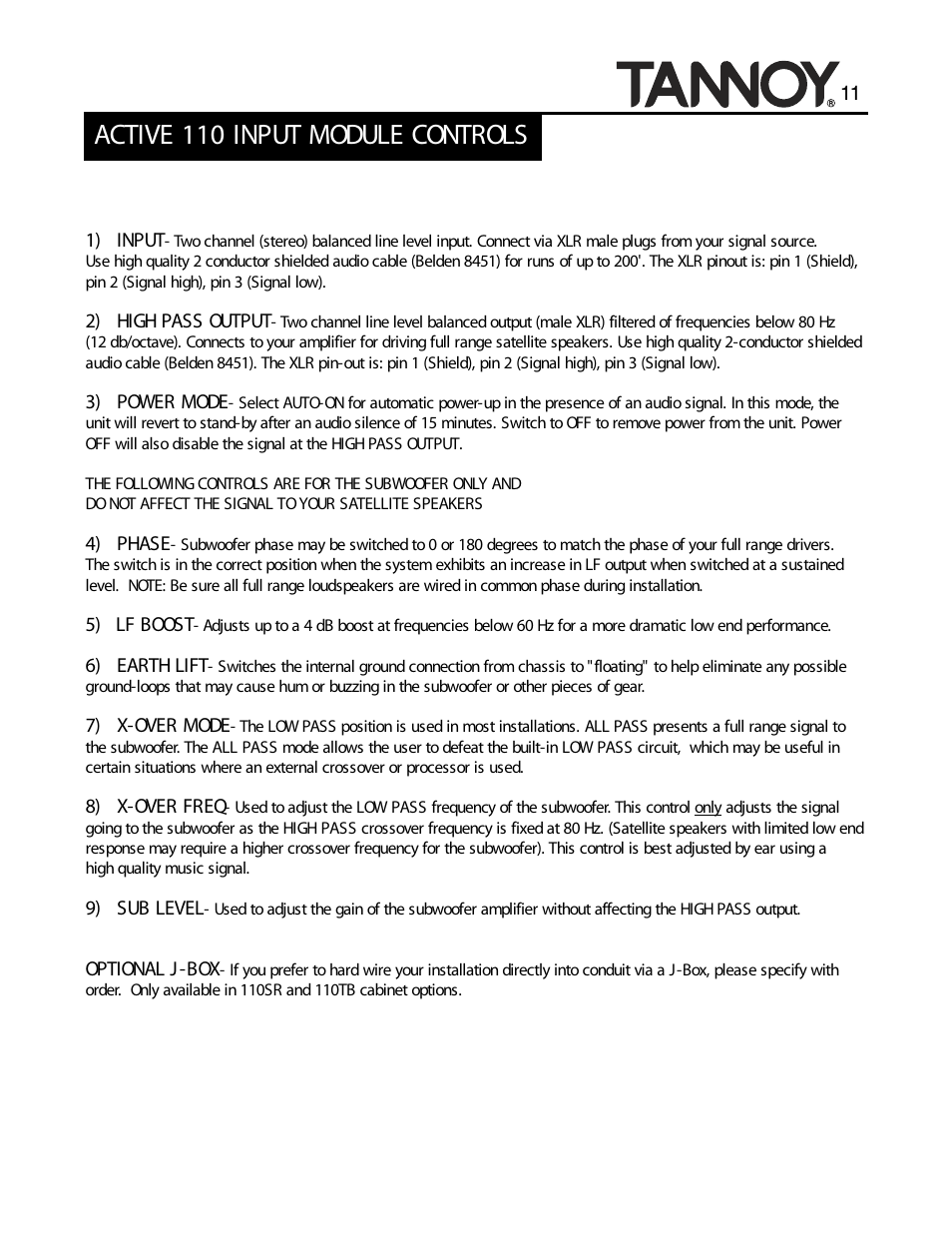 Active 110 input module controls | Tannoy SUBWOOFERS User Manual | Page 11 / 28