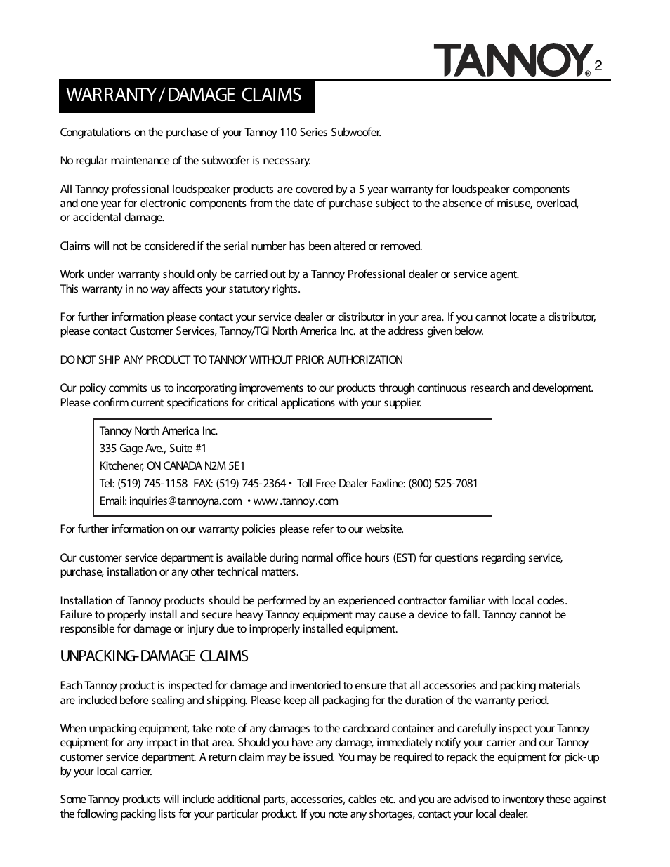 Warranty/damage claims, Unpacking-damage claims | Tannoy SUBWOOFERS User Manual | Page 2 / 28
