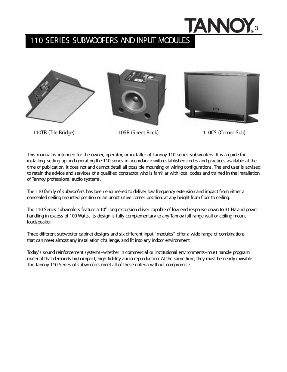 110 series subwoofers and input modules | Tannoy SUBWOOFERS User Manual | Page 3 / 28