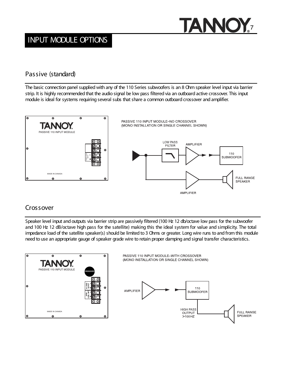 Input module options, Passive (standard), Crossover | Tannoy SUBWOOFERS User Manual | Page 7 / 28