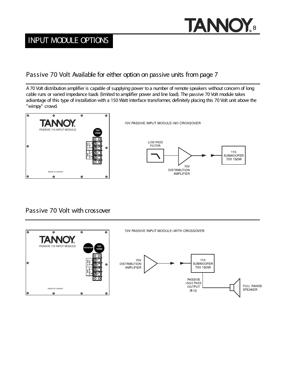 Input module options, Passive 70 volt with crossover | Tannoy SUBWOOFERS User Manual | Page 8 / 28