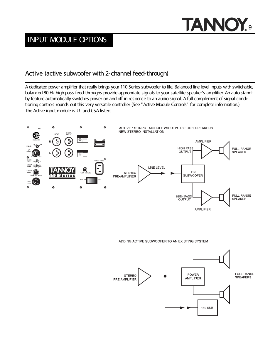 Input module options, 110 series, High pass | Tannoy SUBWOOFERS User Manual | Page 9 / 28
