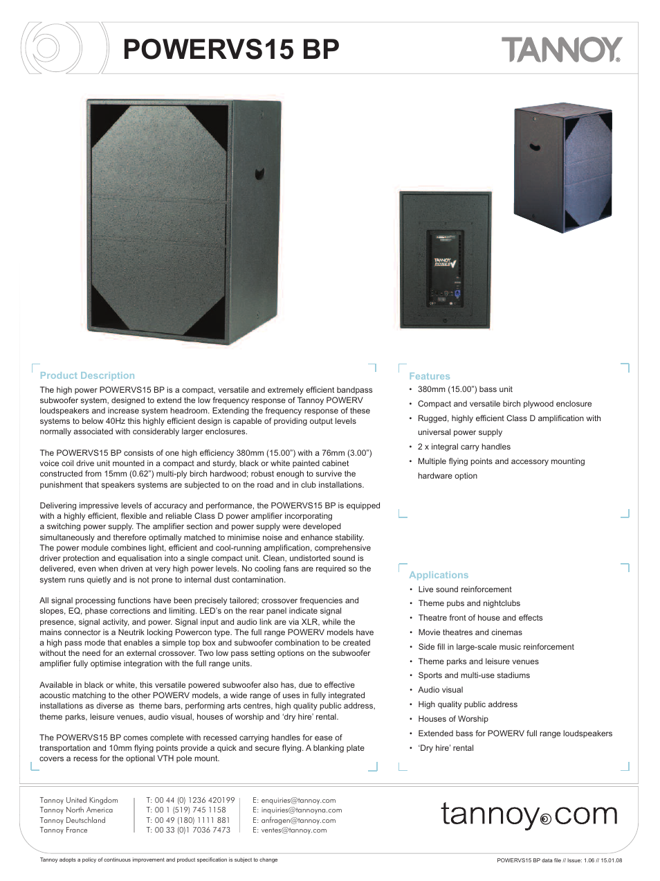 Tannoy POWER VS15 BP User Manual | 6 pages