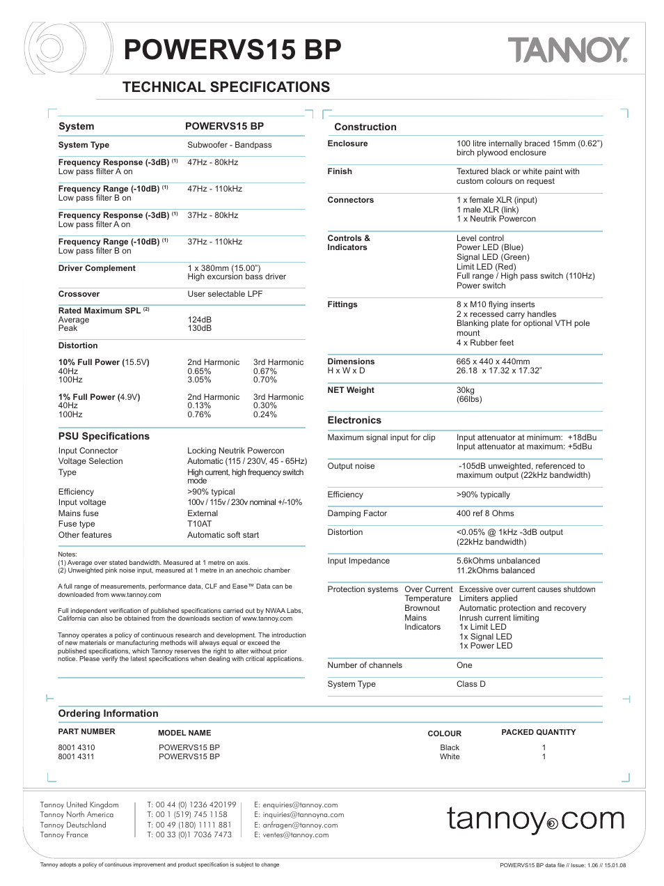 Powervs15 bp, Technical specifications | Tannoy POWER VS15 BP User Manual | Page 2 / 6