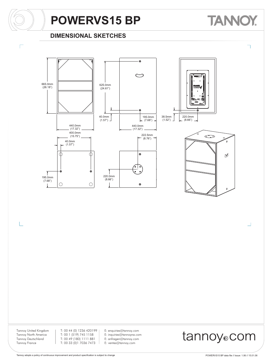 Powervs15 bp, Dimensional sketches | Tannoy POWER VS15 BP User Manual | Page 4 / 6