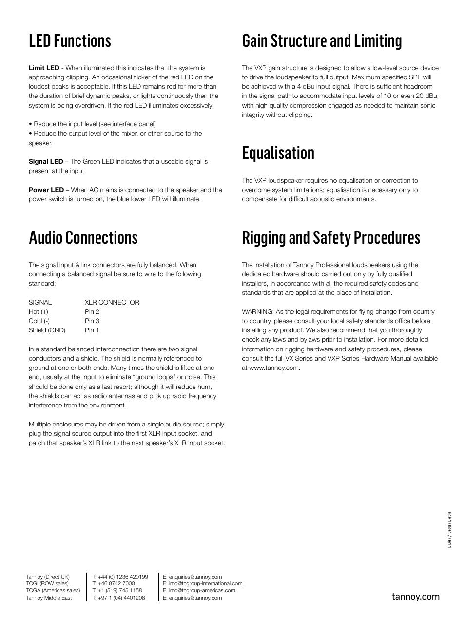 Gain structure and limiting, Equalisation, Rigging and safety procedures | Led functions, Audio connections | Tannoy Professional Loudspeakers VXPSERIES User Manual | Page 4 / 4