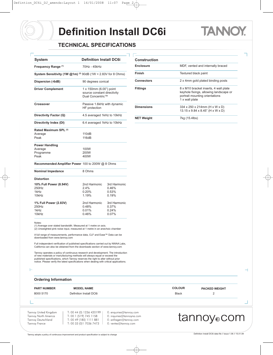 Definition install dc6i, Technical specifications | Tannoy DC6i User Manual | Page 2 / 8