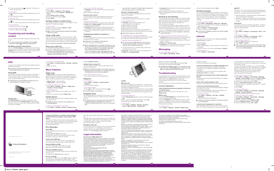 Transferring and handling content, Messaging, Internet | Troubleshooting, More features, Legal information, Handling content in the phone, Sending content to another phone, Using a usb cable, Transferring content to and from a computer | Tannoy STICK MICRO W995 User Manual | Page 2 / 2