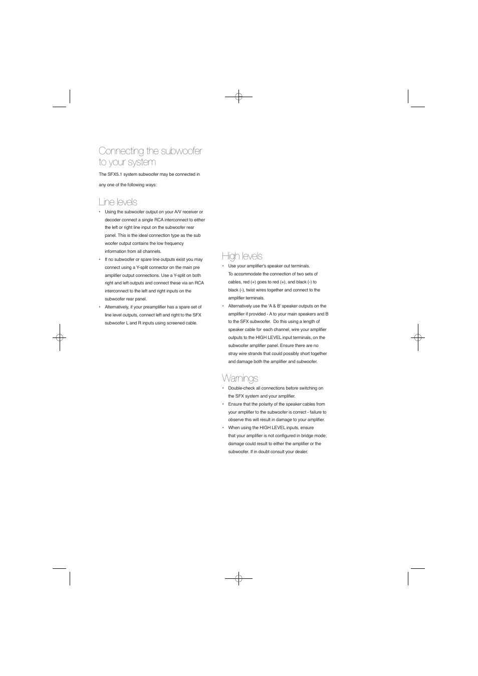 Line levels, High levels, Warnings | Connecting the subwoofer to your system | Tannoy home theatre system SFX 5.1 User Manual | Page 6 / 8