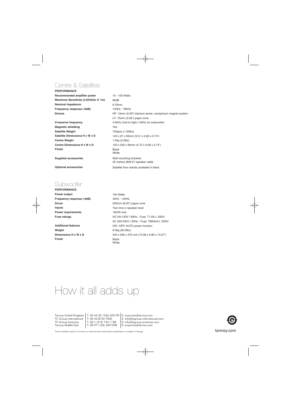 How it all adds up, Centre & satellites, Subwoofer | Tannoy home theatre system SFX 5.1 User Manual | Page 8 / 8