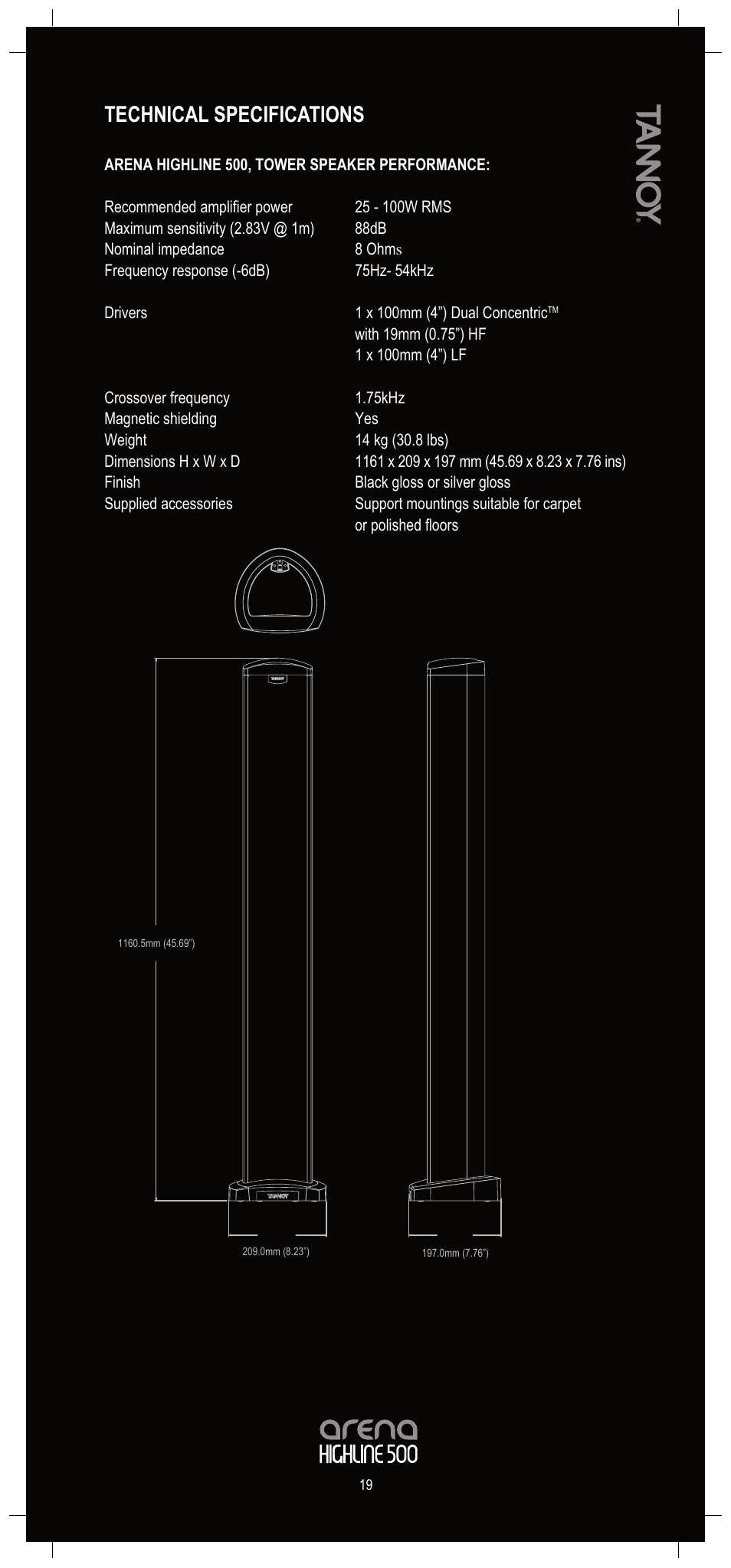 Technical specifications | Tannoy Arena Highline 500 User Manual | Page 19 / 20