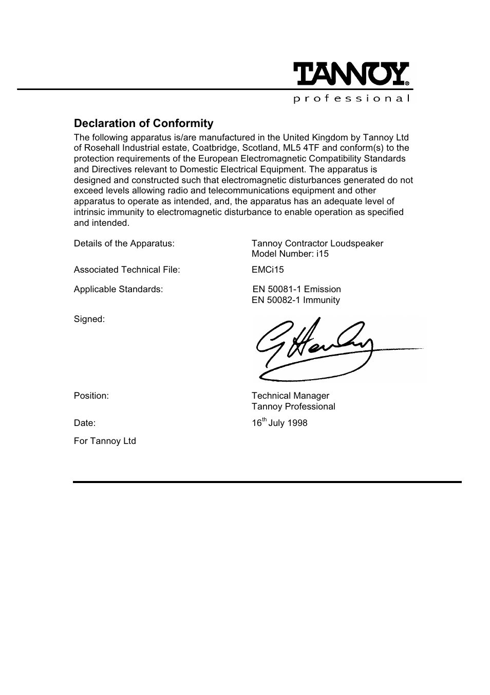 Declaration of conformity | Tannoy I15 User Manual | Page 12 / 12