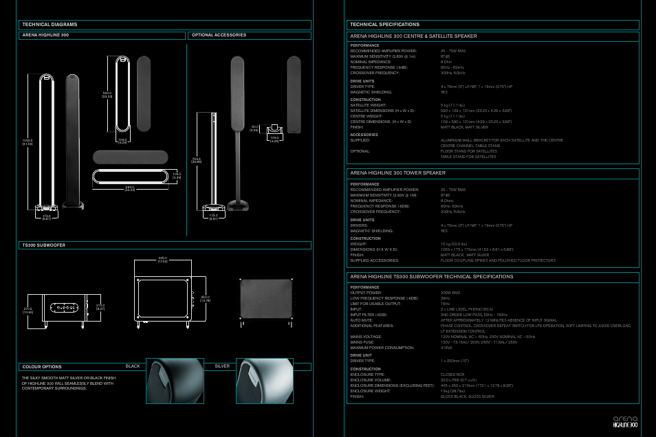 Arena highline 300 centre & satellite speaker, Arena highline 300 tower speaker, Technical specifications technical diagrams | Tannoy Arena HighLine 300 User Manual | Page 8 / 8