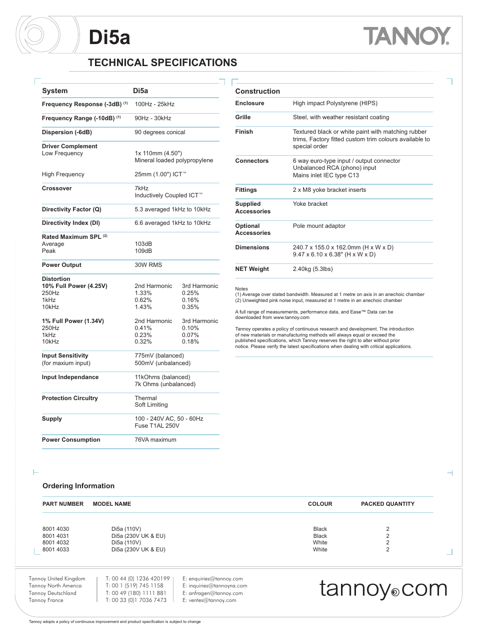 Di5a, Technical specifications | Tannoy Di5a User Manual | Page 2 / 12