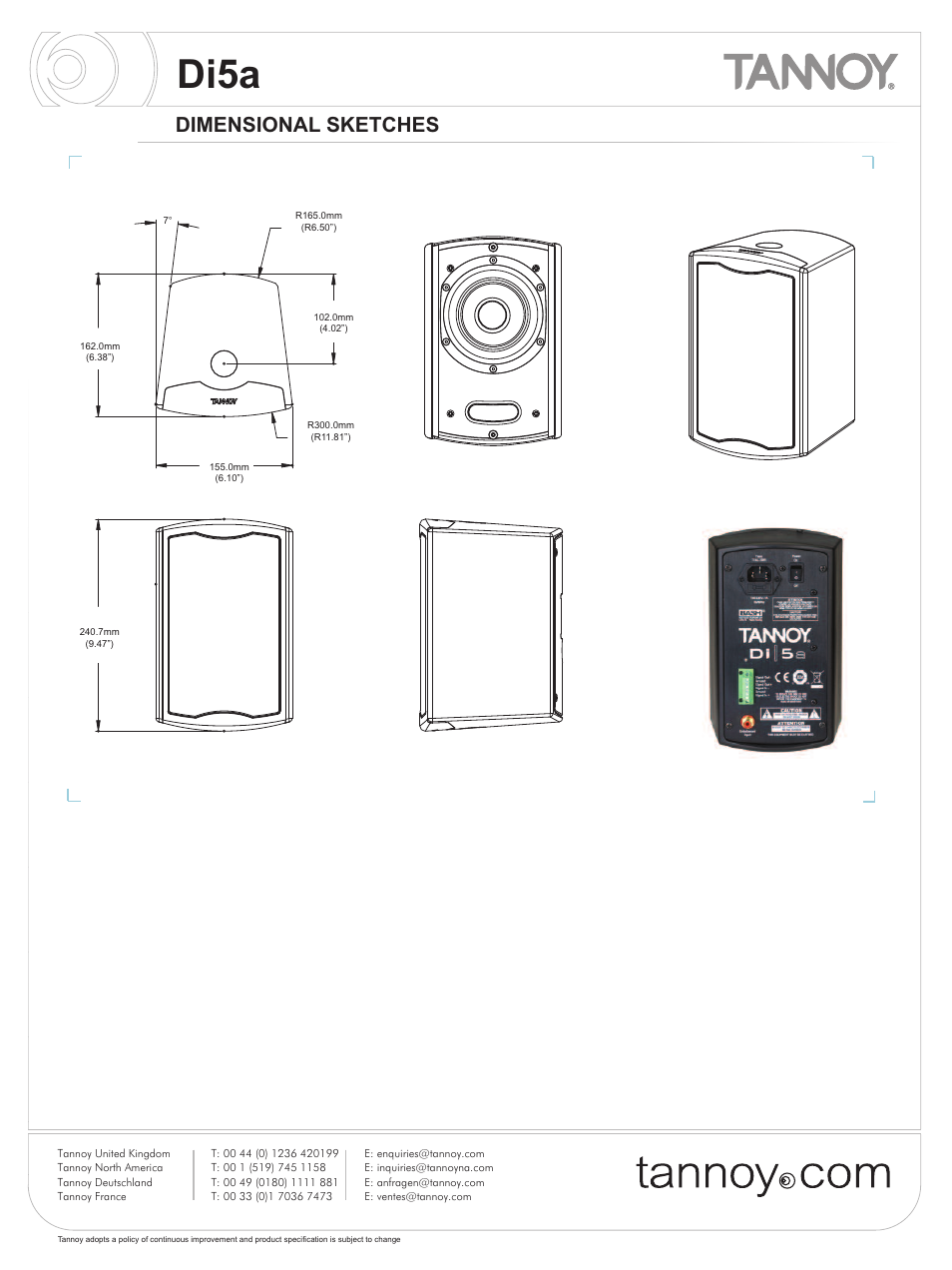 Di5a, Dimensional sketches | Tannoy Di5a User Manual | Page 3 / 12