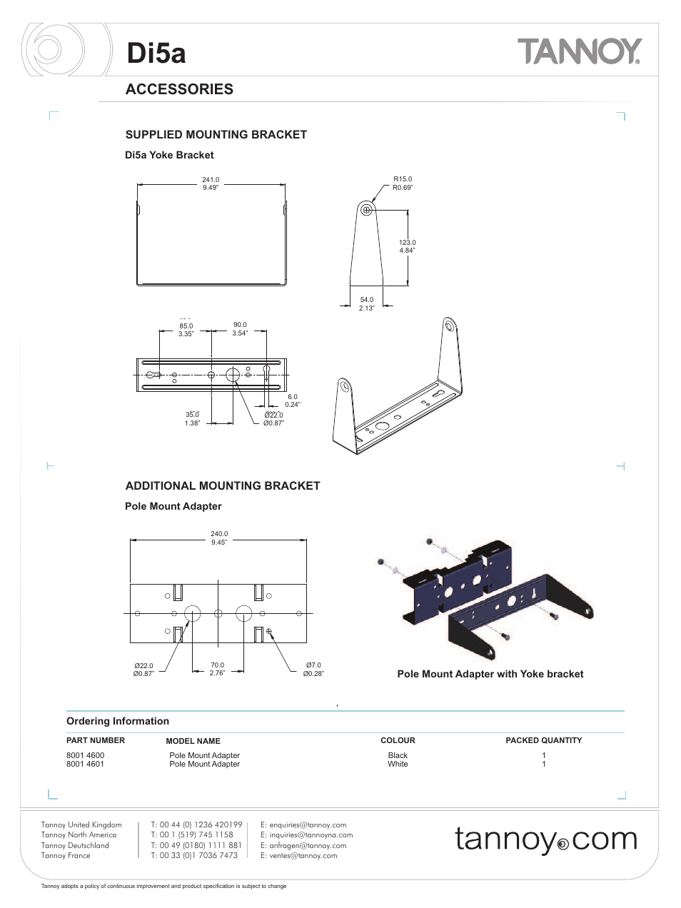 Di5a, Accessories, Supplied mounting bracket | Additional mounting bracket, Ordering information, Pole mount adapter with yoke bracket, Di5a yoke bracket, Pole mount adapter | Tannoy Di5a User Manual | Page 8 / 12