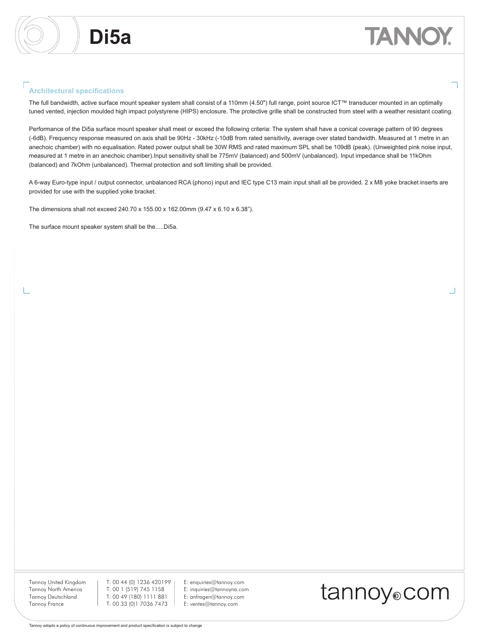 Di5a | Tannoy Di5a User Manual | Page 9 / 12