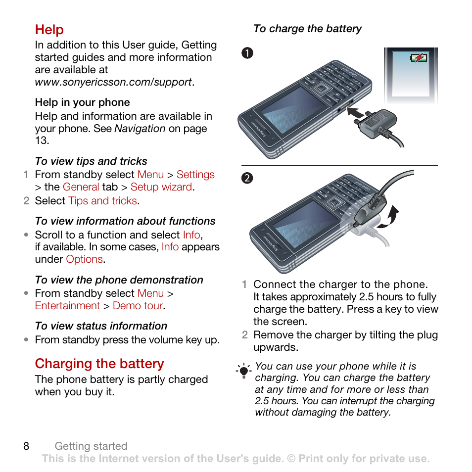 Help, Charging the battery, Help charging the battery | Tannoy CYBER-SHOT C902 User Manual | Page 10 / 82