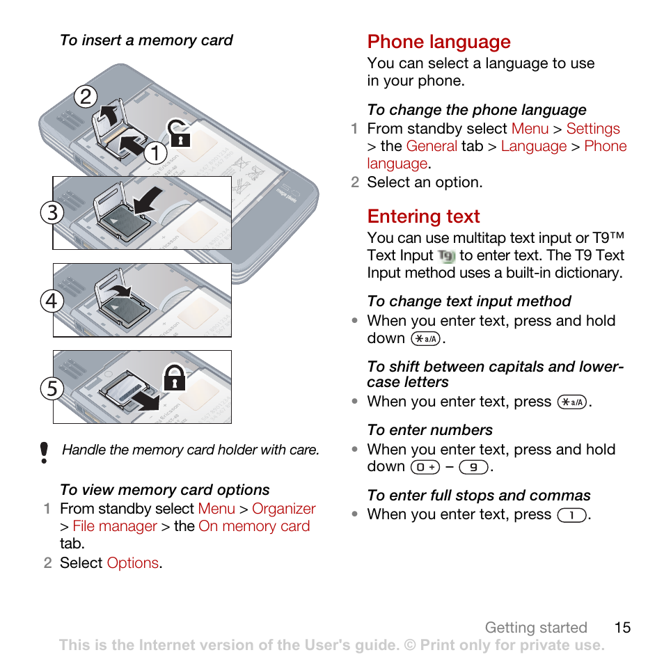 Phone language, Entering text, Phone language entering text | Tannoy CYBER-SHOT C902 User Manual | Page 17 / 82