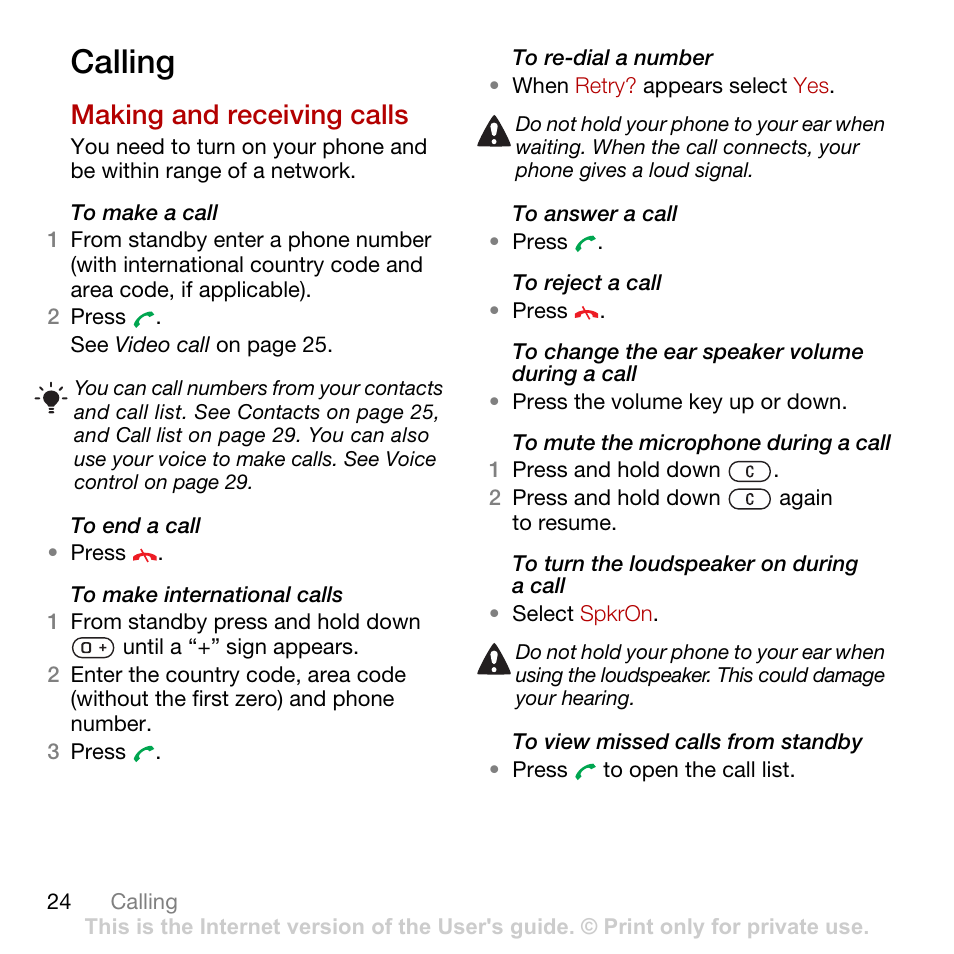 Calling, Making and receiving calls | Tannoy CYBER-SHOT C902 User Manual | Page 26 / 82