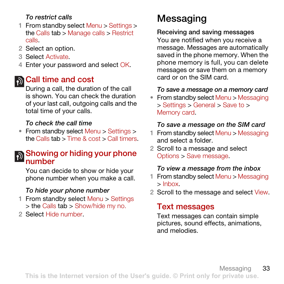 Call time and cost, Showing or hiding your phone number, Messaging | Text messages | Tannoy CYBER-SHOT C902 User Manual | Page 35 / 82