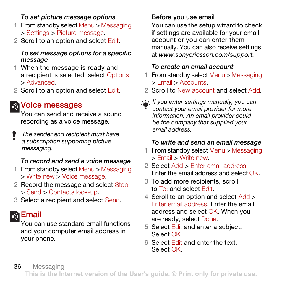 Voice messages, Email, Voice messages email | Tannoy CYBER-SHOT C902 User Manual | Page 38 / 82