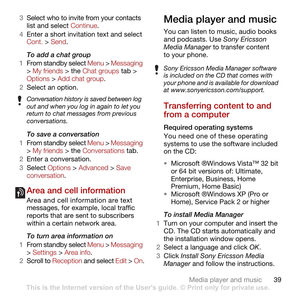 Area and cell information, Media player and music, Transferring content to and from a computer | Transferring content to and from a computer on pa | Tannoy CYBER-SHOT C902 User Manual | Page 41 / 82