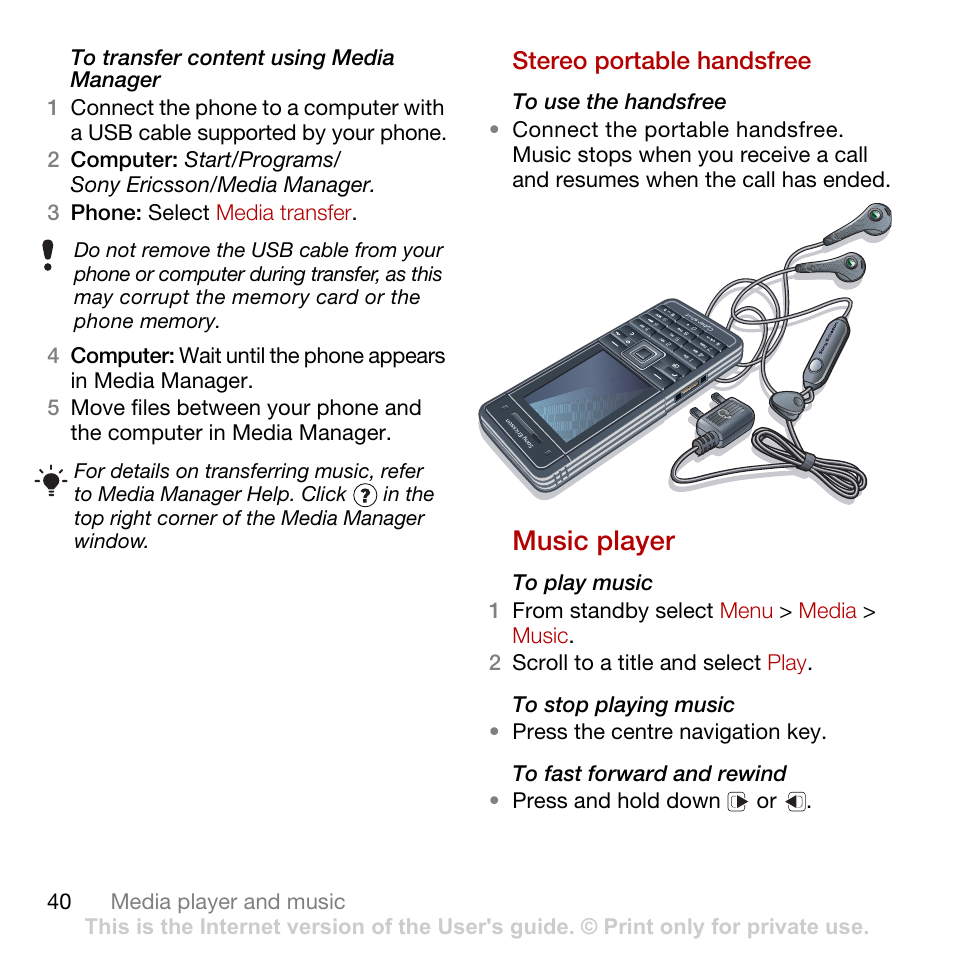 Stereo portable handsfree, Music player, Stereo portable handsfree music player | Tannoy CYBER-SHOT C902 User Manual | Page 42 / 82