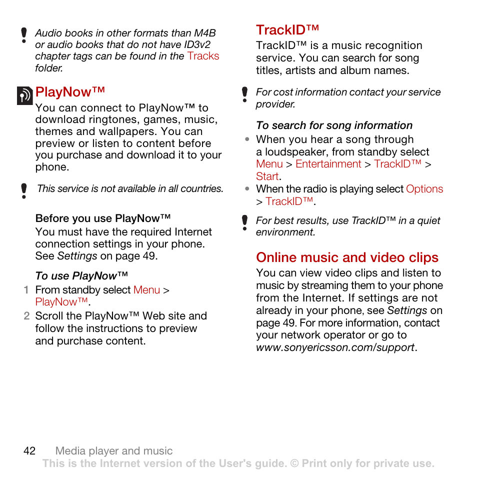 Playnow, Trackid, Online music and video clips | Playnow™ trackid™ online music and video clips | Tannoy CYBER-SHOT C902 User Manual | Page 44 / 82