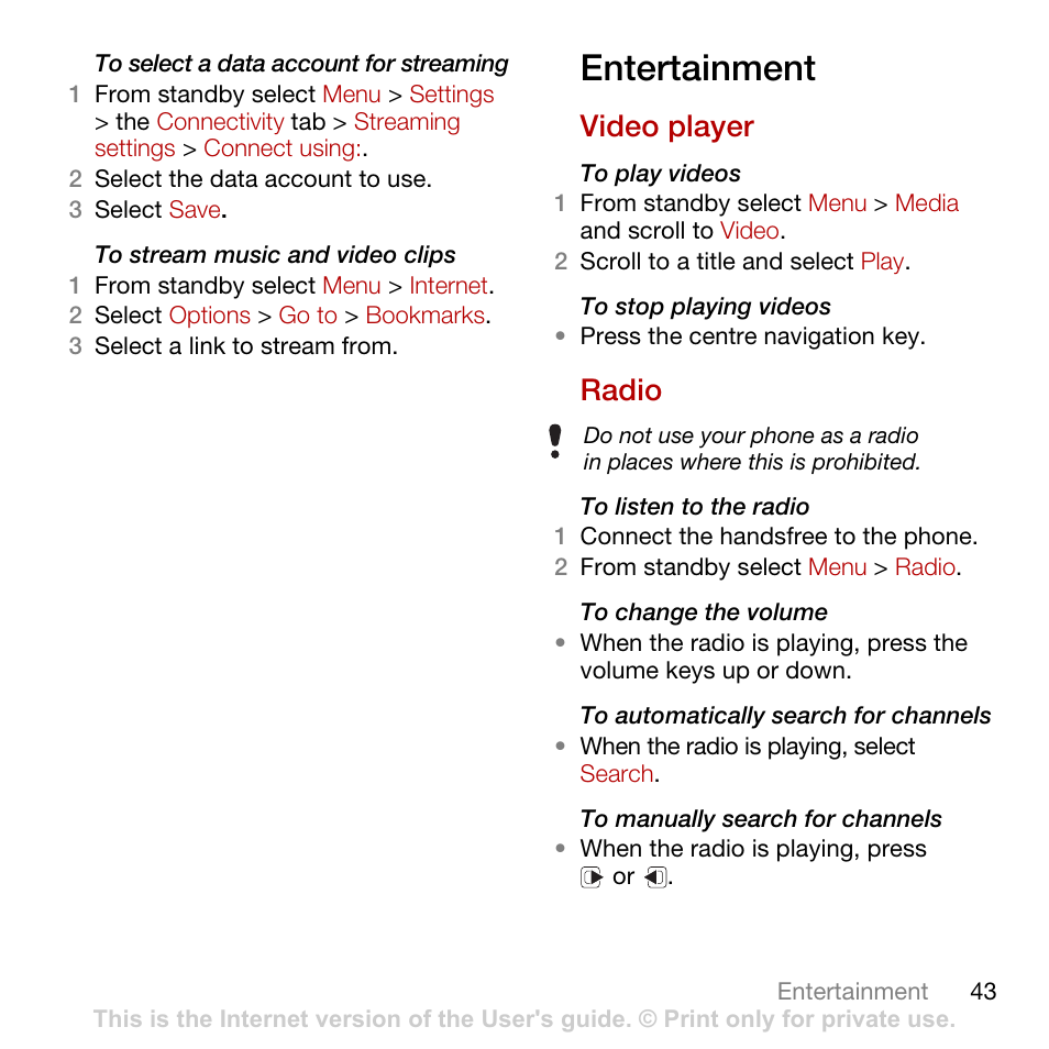 Entertainment, Video player, Radio | Video player radio | Tannoy CYBER-SHOT C902 User Manual | Page 45 / 82
