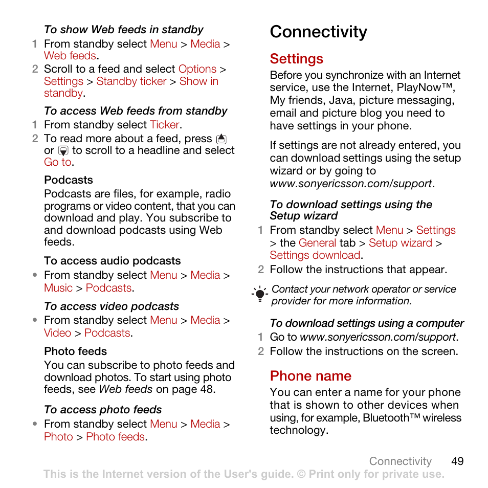 Connectivity, Settings, Phone name | Settings phone name, E settings on | Tannoy CYBER-SHOT C902 User Manual | Page 51 / 82
