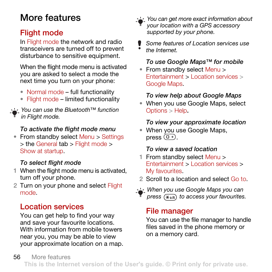 More features, Flight mode, Location services | File manager, Flight mode location services file manager | Tannoy CYBER-SHOT C902 User Manual | Page 58 / 82