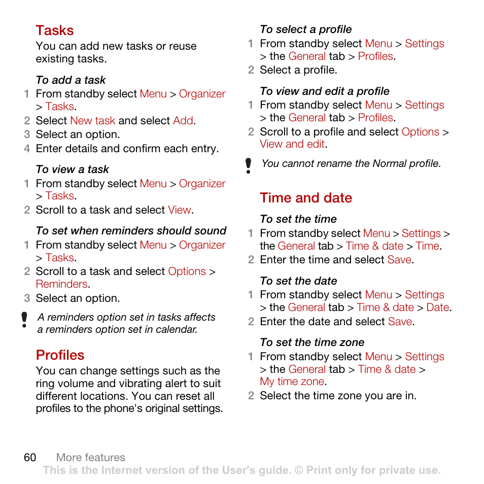 Tasks, Profiles, Time and date | Tasks profiles time and date | Tannoy CYBER-SHOT C902 User Manual | Page 62 / 82
