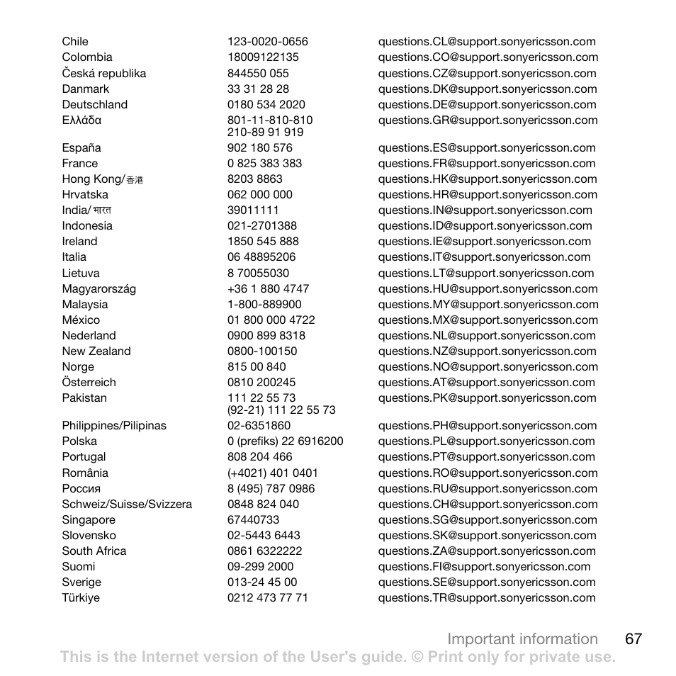 67 important information | Tannoy CYBER-SHOT C902 User Manual | Page 69 / 82