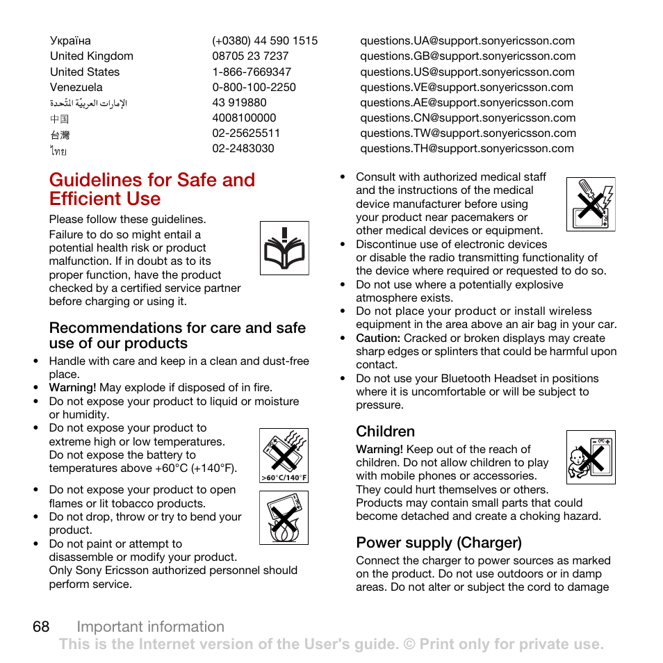 Guidelines for safe and efficient use, 68 important information, Children | Power supply (charger) | Tannoy CYBER-SHOT C902 User Manual | Page 70 / 82