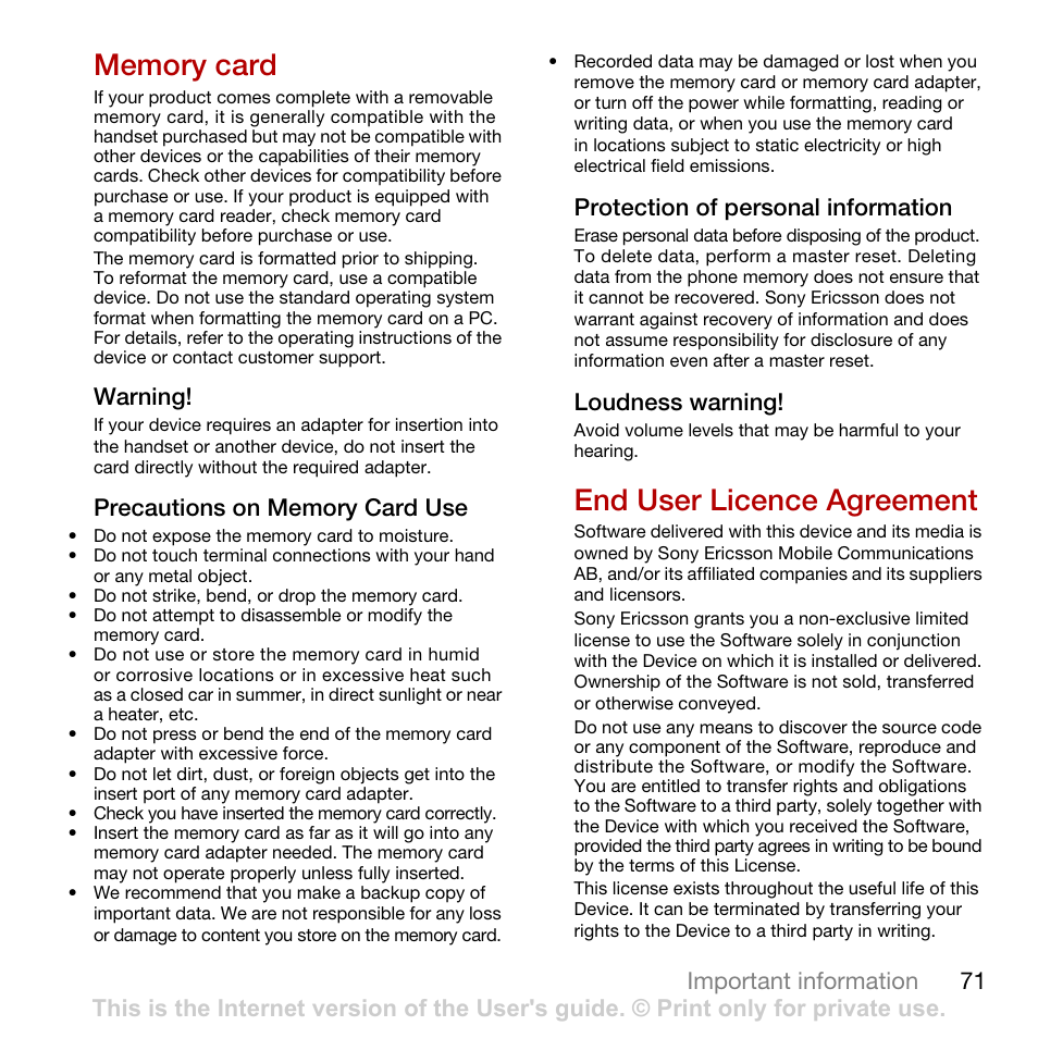 Memory card, End user licence agreement, Memory card end user licence agreement | 71 important information, Warning, Protection of personal information, Loudness warning | Tannoy CYBER-SHOT C902 User Manual | Page 73 / 82