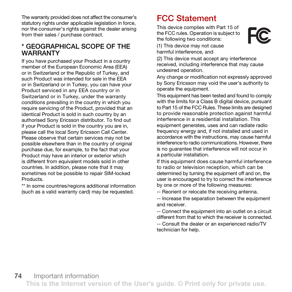 Fcc statement | Tannoy CYBER-SHOT C902 User Manual | Page 76 / 82
