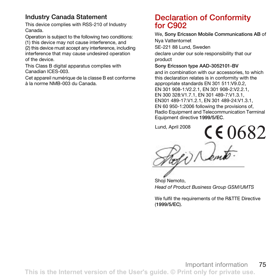 Declaration of conformity for c902 | Tannoy CYBER-SHOT C902 User Manual | Page 77 / 82
