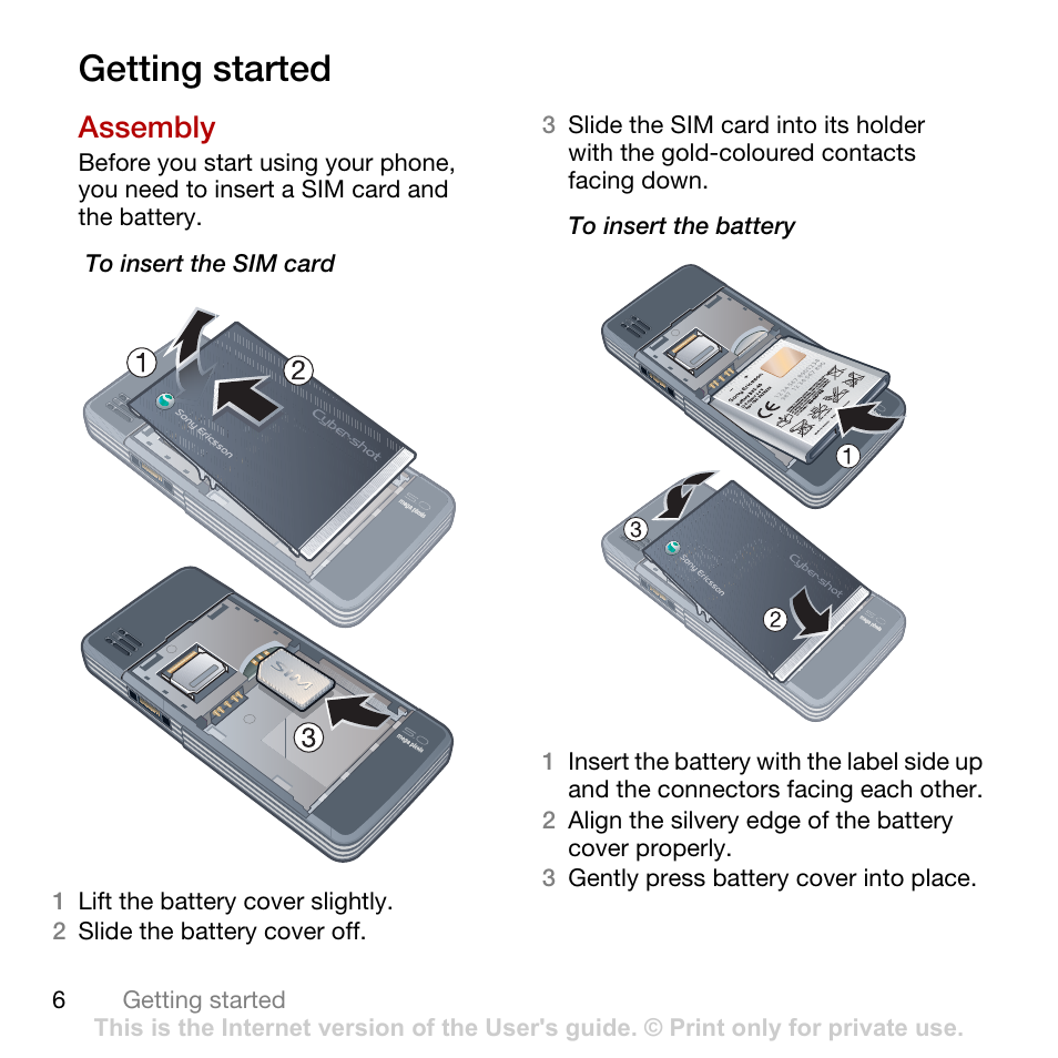 Getting started, Assembly | Tannoy CYBER-SHOT C902 User Manual | Page 8 / 82