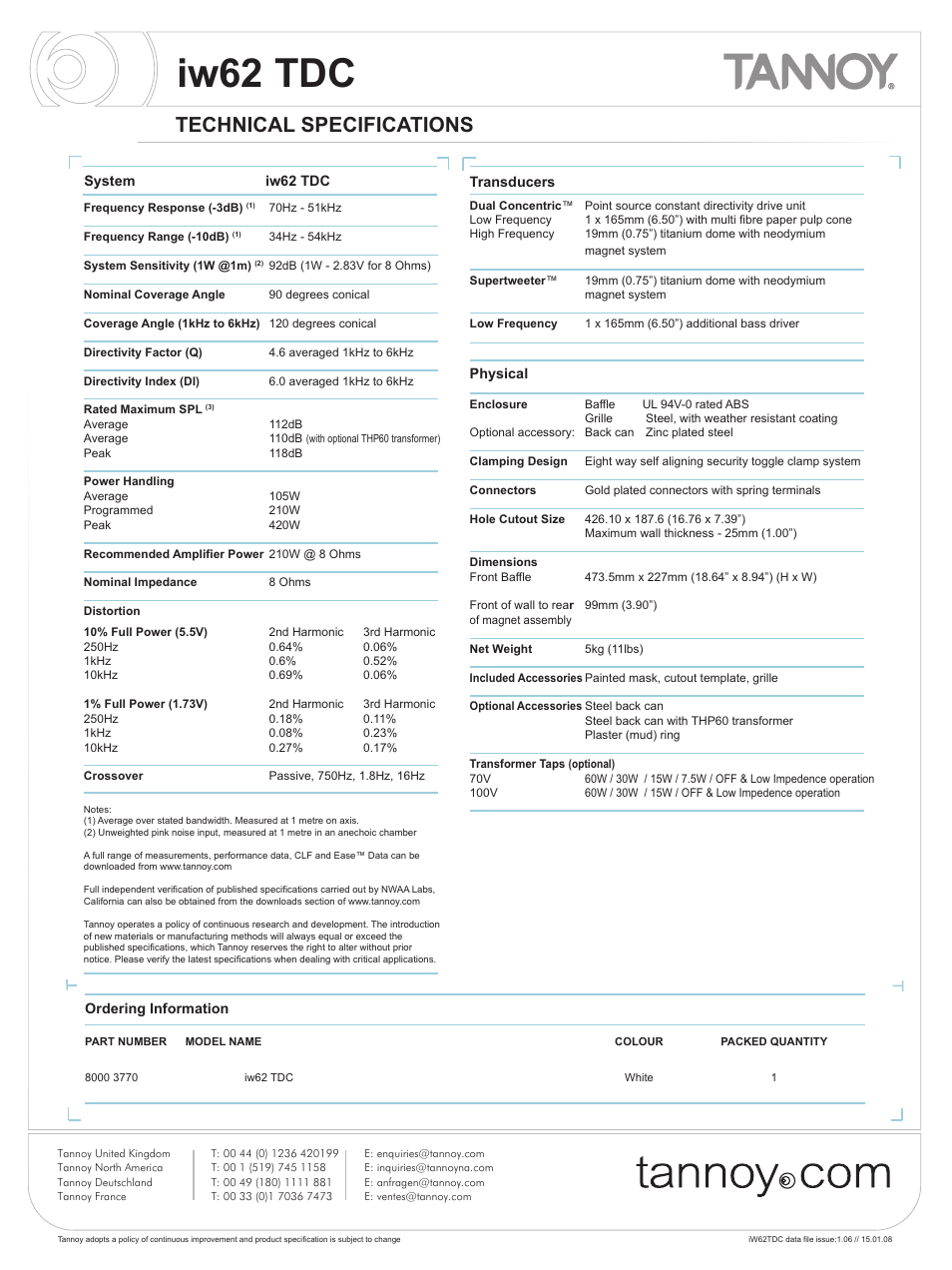 Iw62 tdc, Technical specifications | Tannoy iw62 TDC User Manual | Page 2 / 10