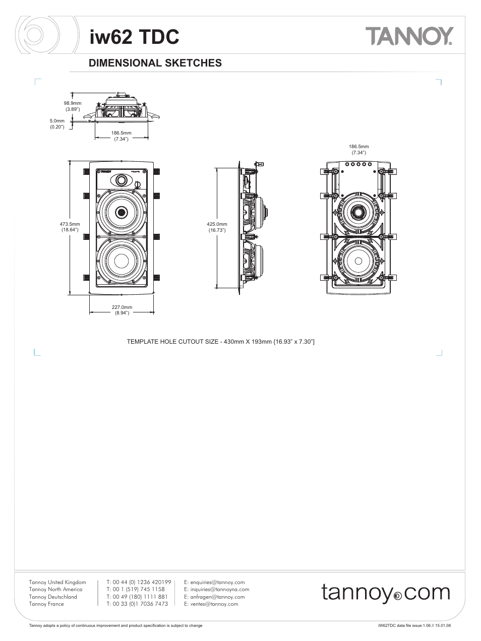 Iw62 tdc, Dimensional sketches | Tannoy iw62 TDC User Manual | Page 7 / 10