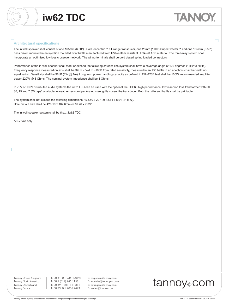 Iw62 tdc | Tannoy iw62 TDC User Manual | Page 9 / 10